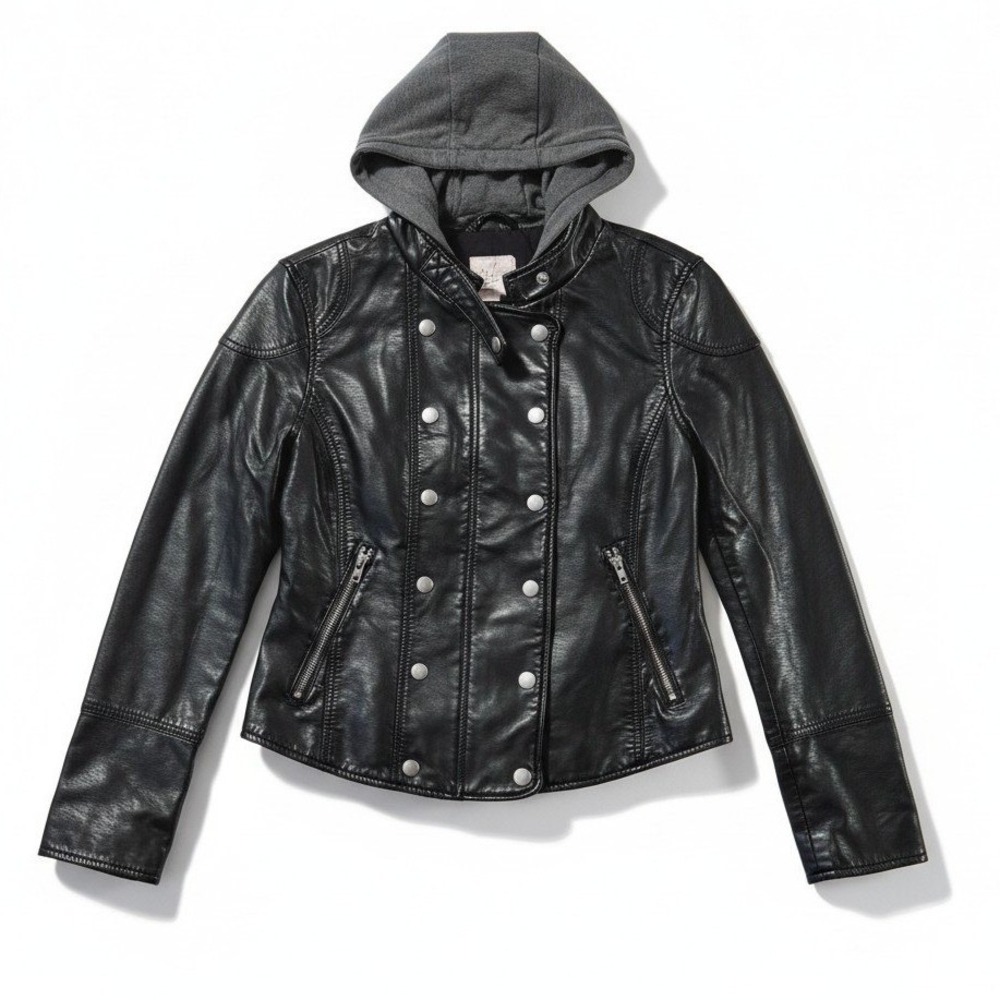 Free People We The Free Moto Jacket S Black Vegan Leather Hooded Grunge Edgy